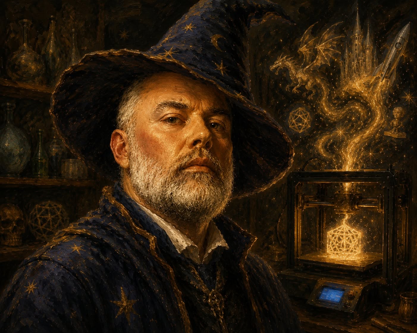 Painted portrait of Matthew Boucher as an archmage, a glowing 3D printer and dragon at his side.